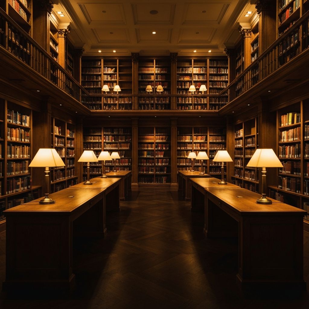 Serene academic library interior with tall wooden bookshelves and warm reading lamps