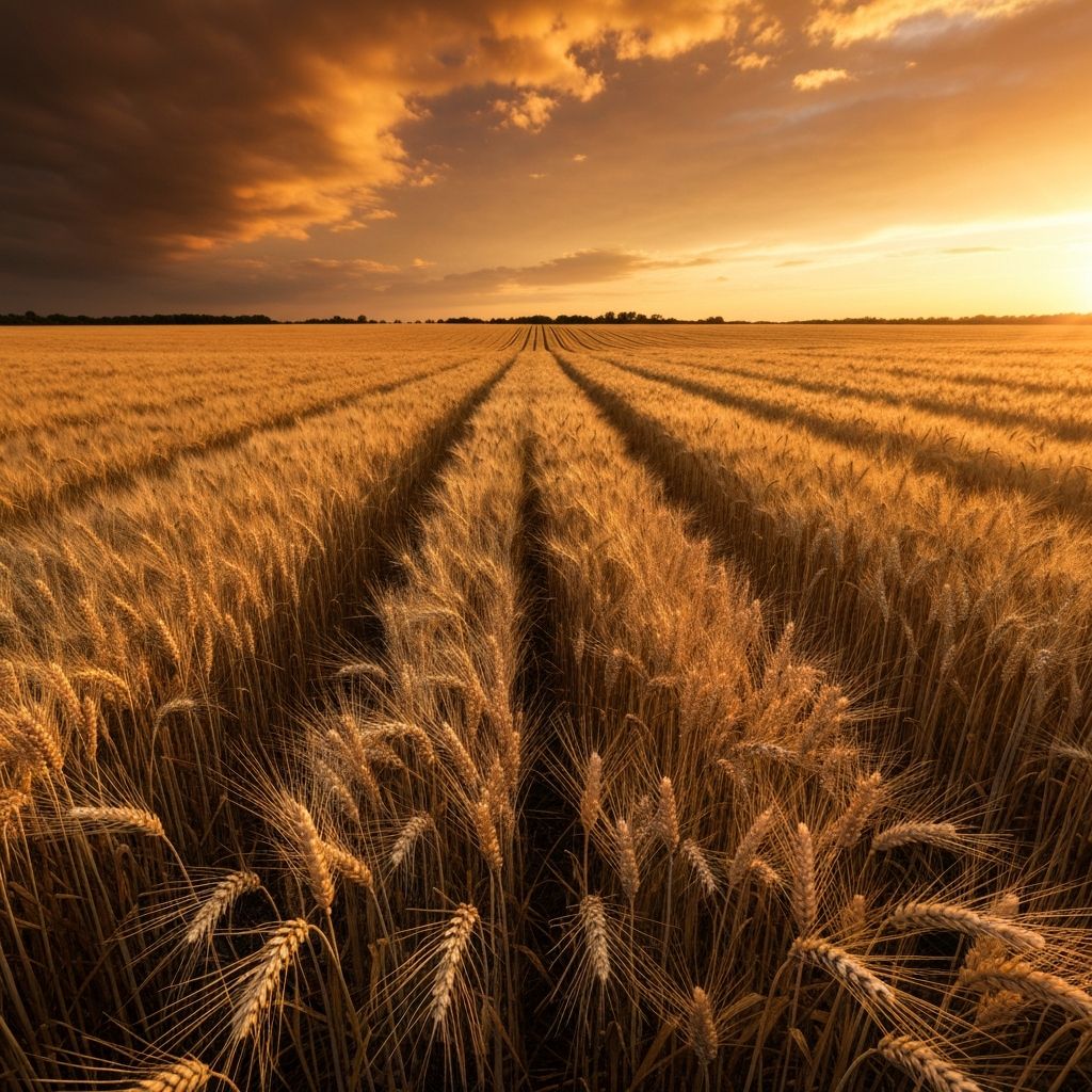 Golden wheat field at sunset with dramatic sky and warm tones